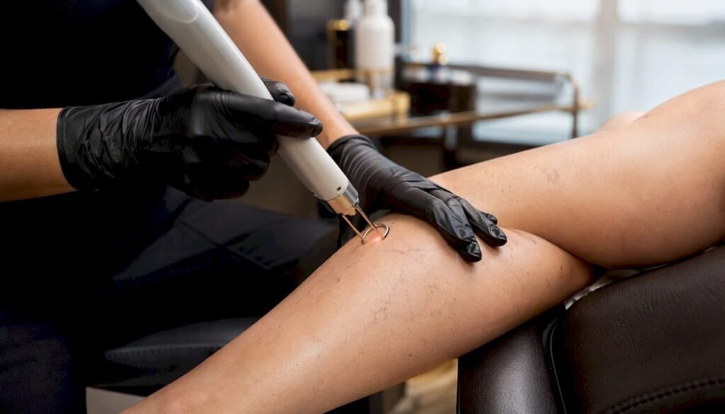 Jambes d'une patiente avant séance de laser vasculaire dans un centre médical à Béziers