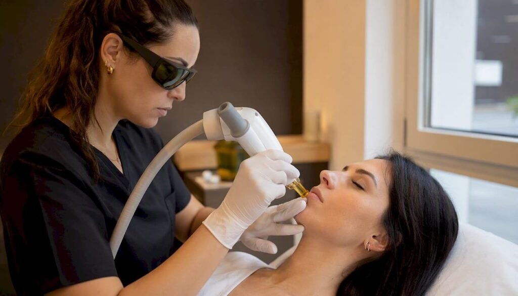Séance d'épilation laser du visage féminin dans un centre médical de Béziers, lunettes de protection
