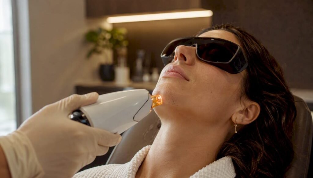 Séance d'épilation laser du menton dans un centre médical, patiente portant des lunettes de protection