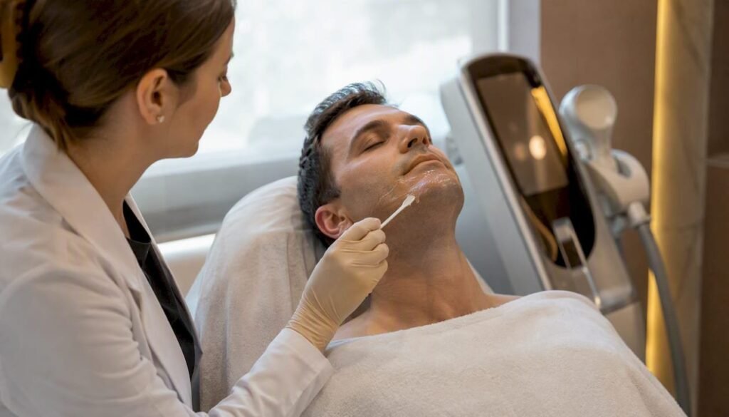 Homme barbu de profil lors d'une séance d'épilation laser du visage en centre médical