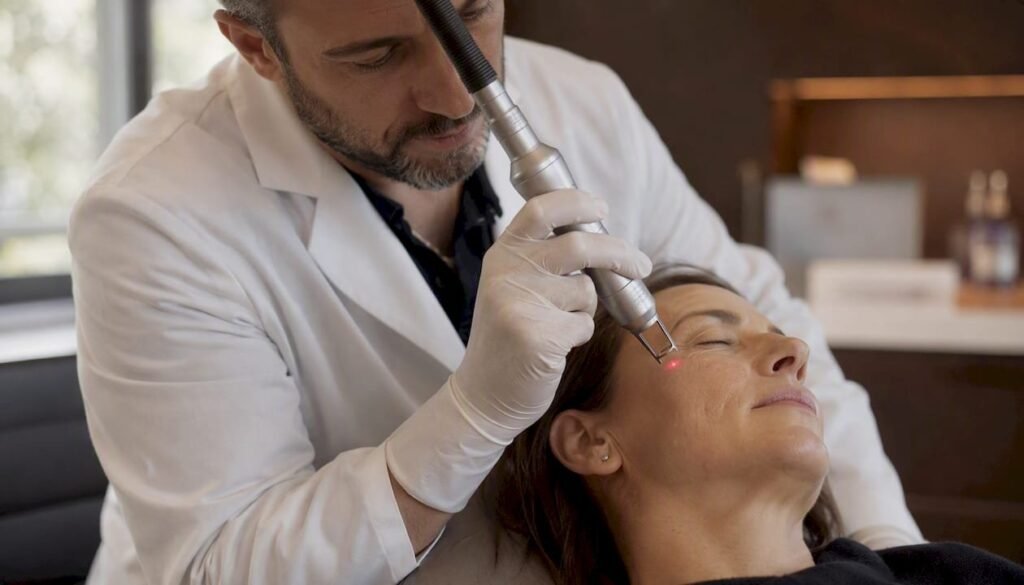 Médecin réglant un appareil laser de rajeunissement cutané dans un cabinet médical à Béziers