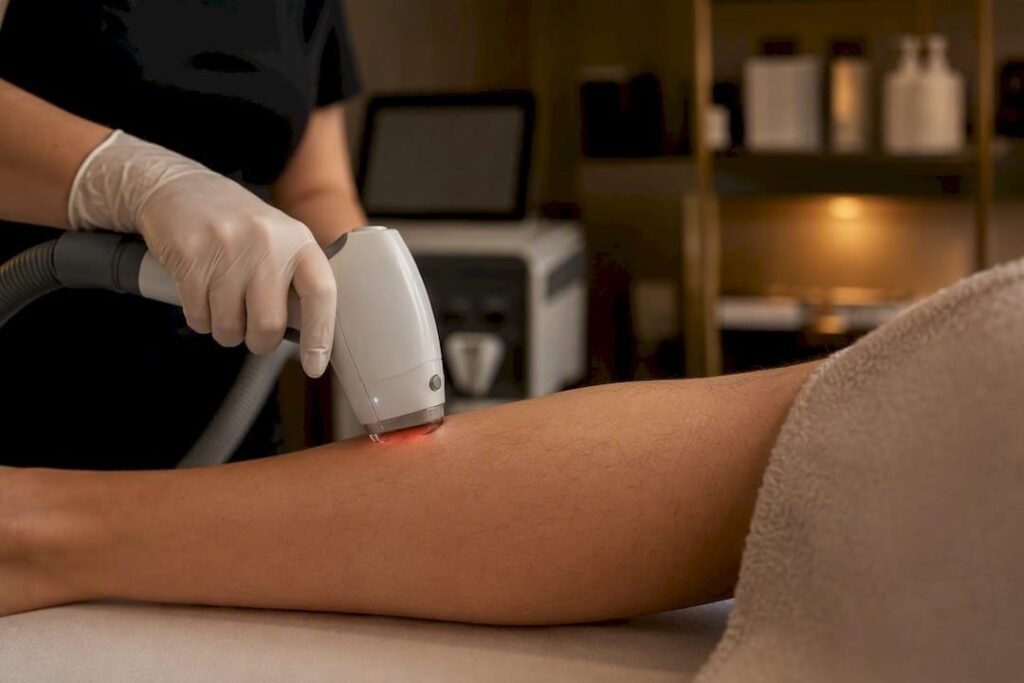 Séance d'épilation laser des jambes réalisée avec une pièce à main dans un centre médical
