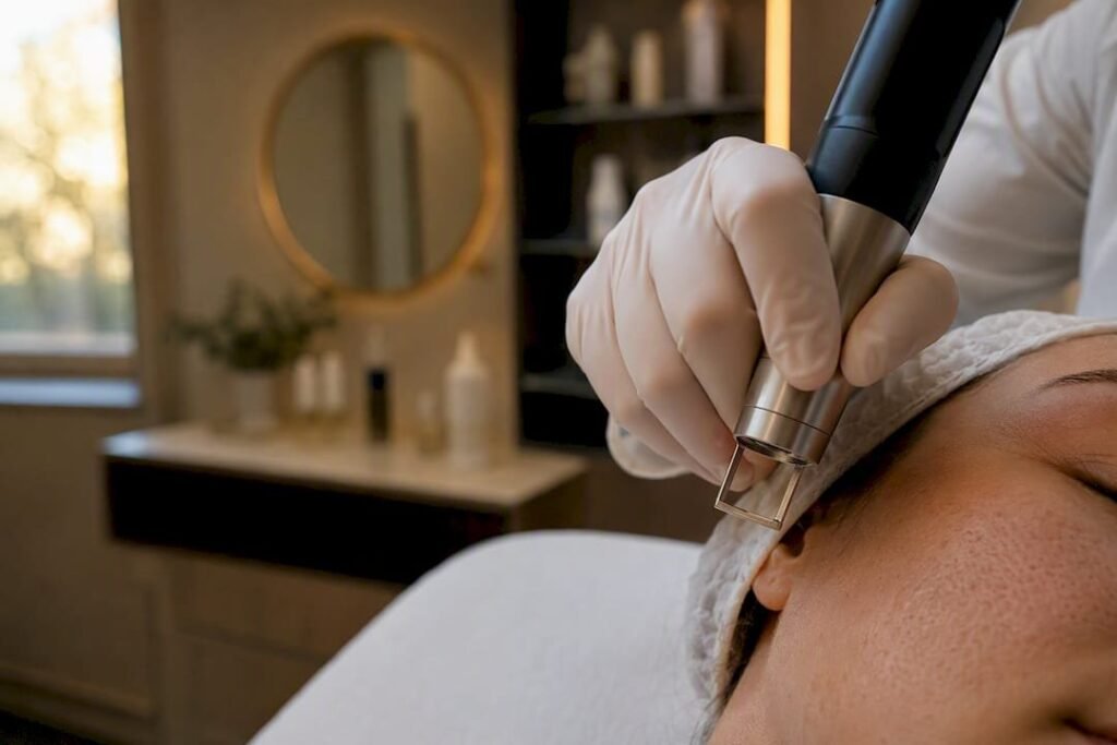 Consultation dermatologique du visage avant une séance de laser dans un centre médical
