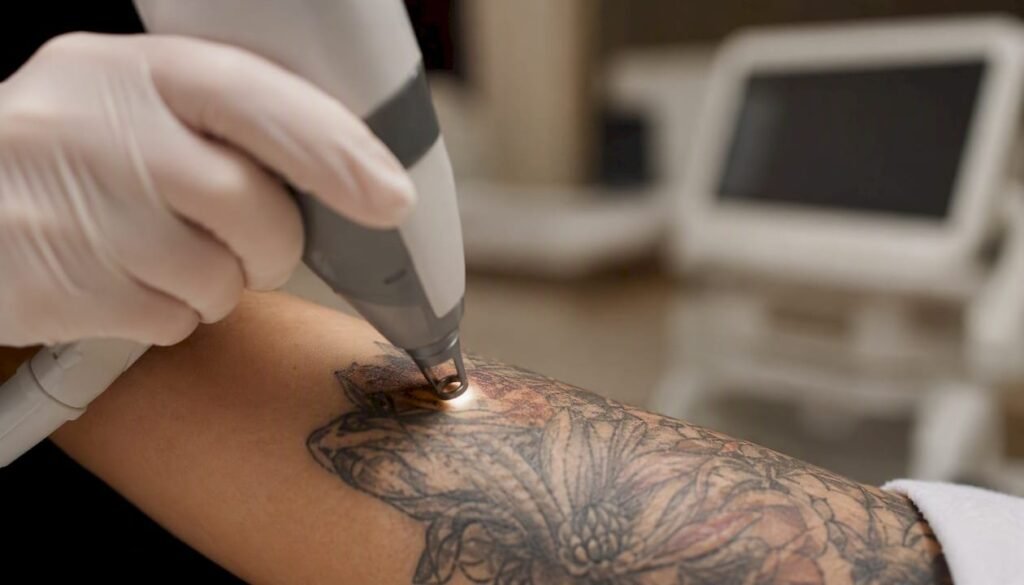 Praticien délimitant une marge de sécurité autour d'un tatouage avant une séance de laser