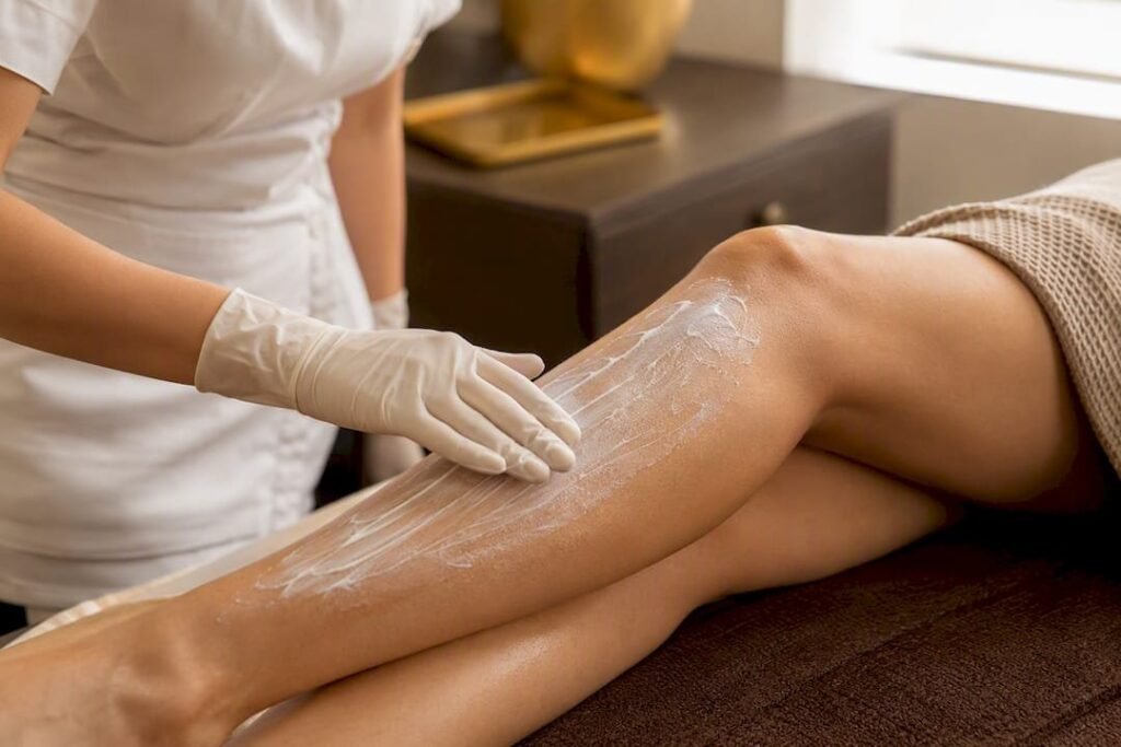 Tube de crème anesthésiante et pansement occlusif posés sur une table de soin laser
