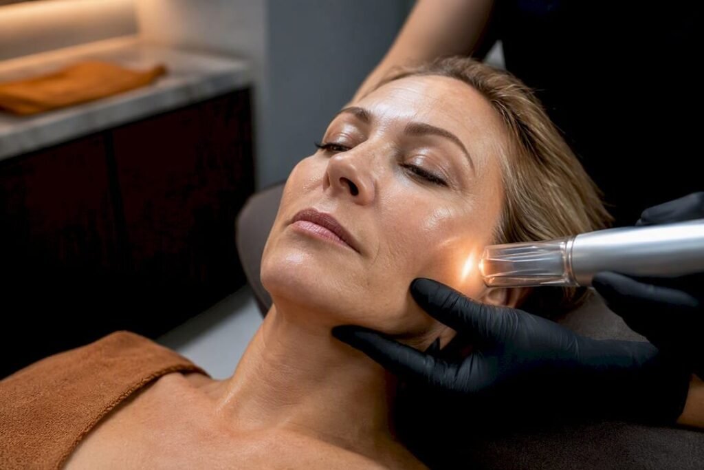 Femme observant la fermeté de la peau de son visage avant une pré-consultation laser à Béziers