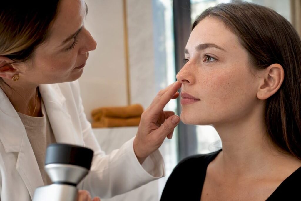 Médecin examinant des taches pigmentaires sur le visage d'une patiente avant une séance de laser