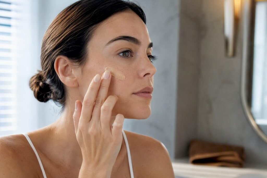 Femme appliquant un correcteur minéral avec une éponge jetable sur une peau récemment traitée au laser