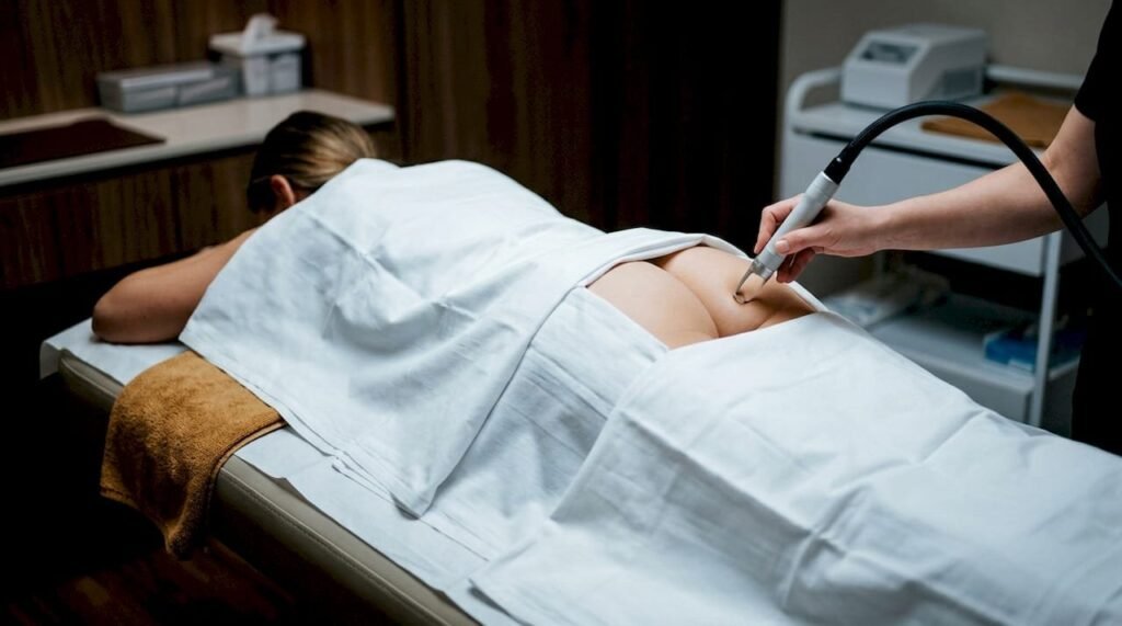 Salle de soins laser du centre de Béziers avec plateforme Candela et table d'examen