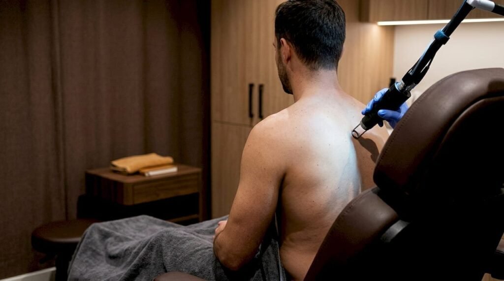 Homme torse nu de dos lors d'une séance d'épilation laser des épaules en cabinet médical