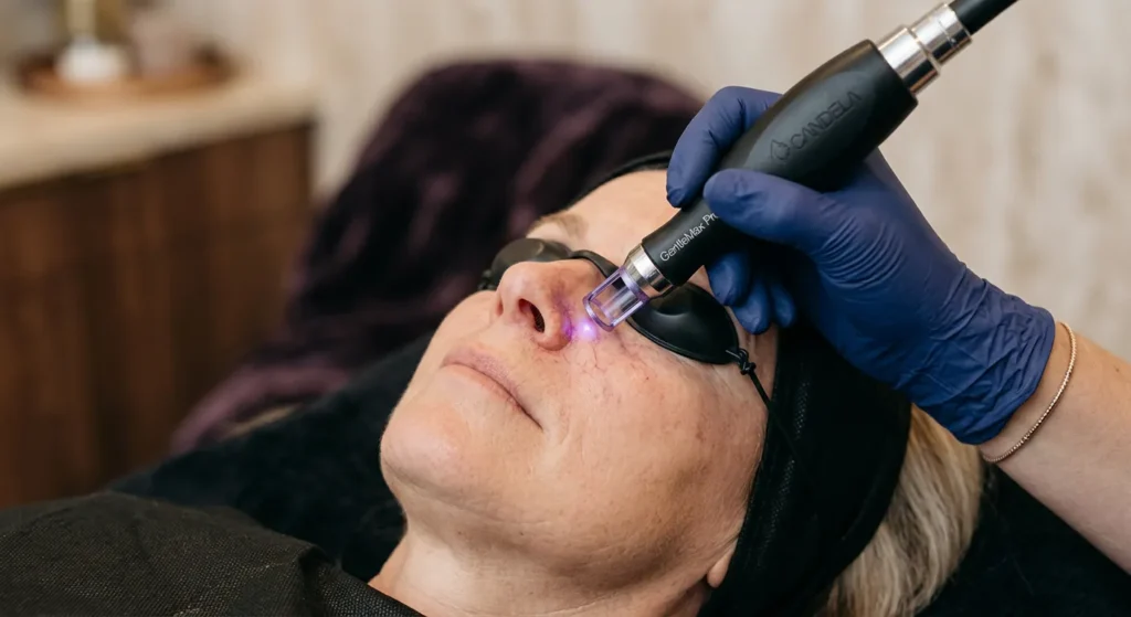Médecin réglant un laser vasculaire pour traiter la couperose du visage en cabinet