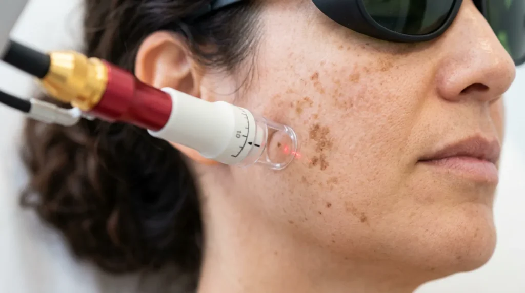 Médecin examinant des taches brunes sur le visage d'une patiente avant traitement laser
