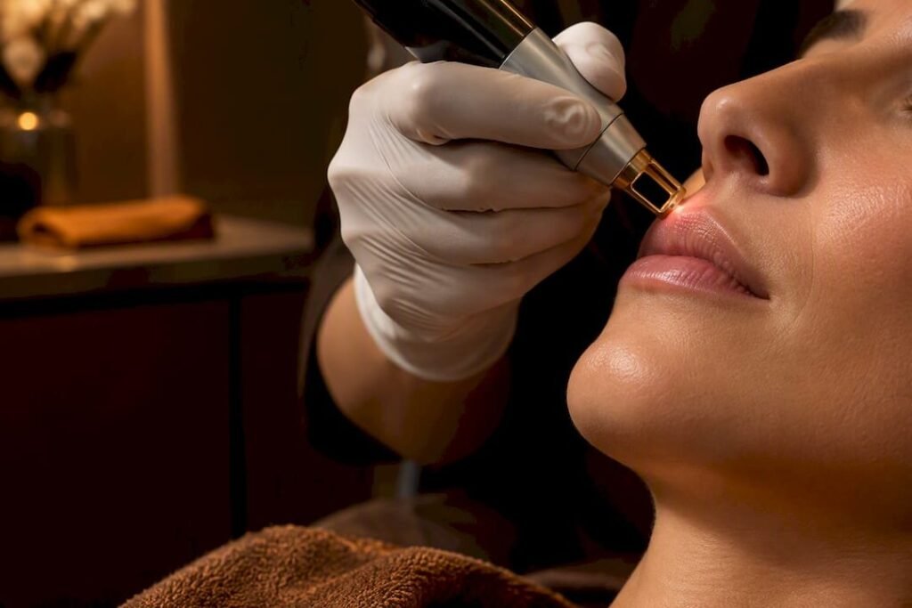 Femme consultant un médecin pour les ridules du contour des lèvres dans un centre laser