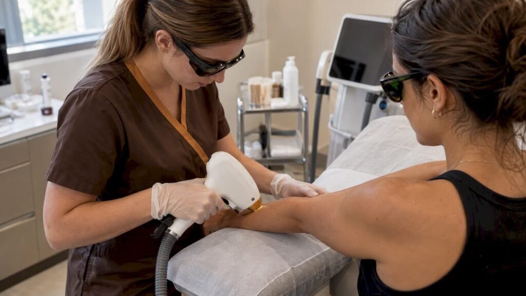Médecin réglant une plateforme laser avant un test de tir sur une petite zone de peau