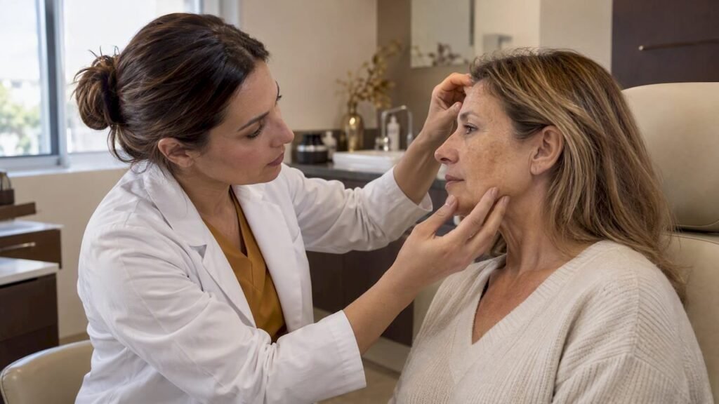 Médecin réglant une plateforme laser avant une séance visage dans un centre de Béziers