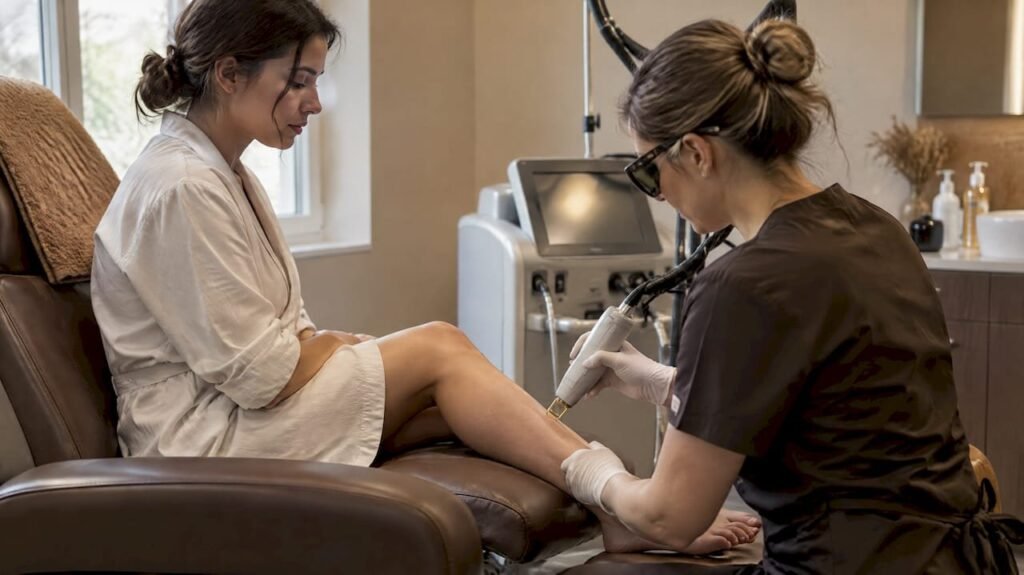 Pièce à main de laser d'épilation appliquée sur une peau claire et sensible en cabinet médical