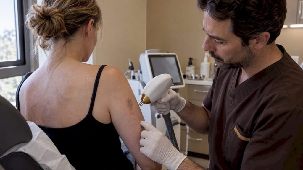 Médecin réglant une plateforme laser pour traiter une cicatrice pigmentée du visage en centre médical