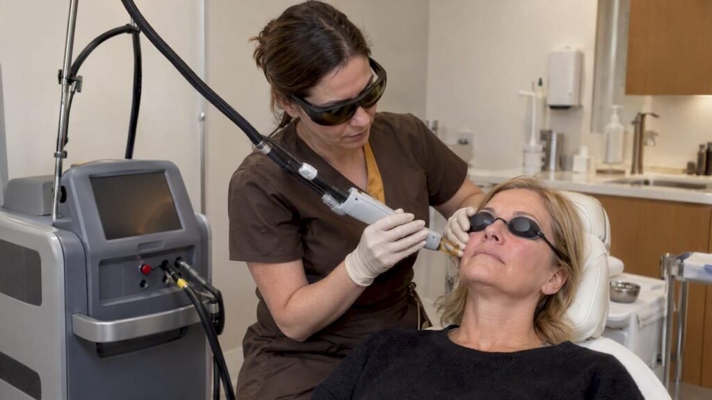 Médecin réalisant une séance de laser vasculaire sur le visage d'une patiente à Béziers