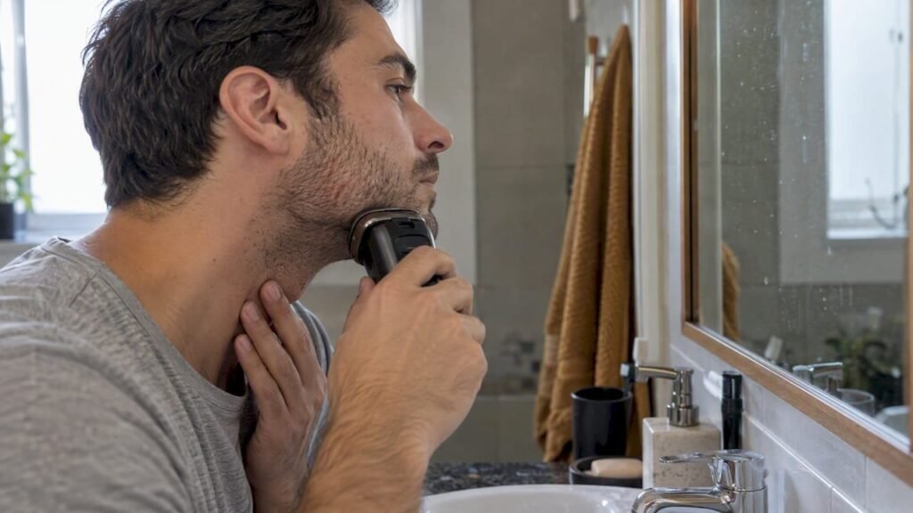 Homme se rasant la barbe devant un miroir, zone du cou sujette aux poils incarnés